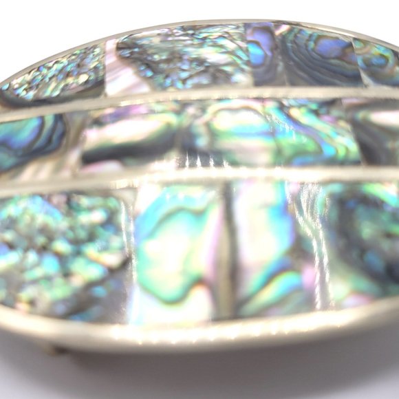 Vintage Abalone Shell Mother of Pearl Silver-Tone  Belt Buckle Oval 3" Mexico - Picture 3 of 5